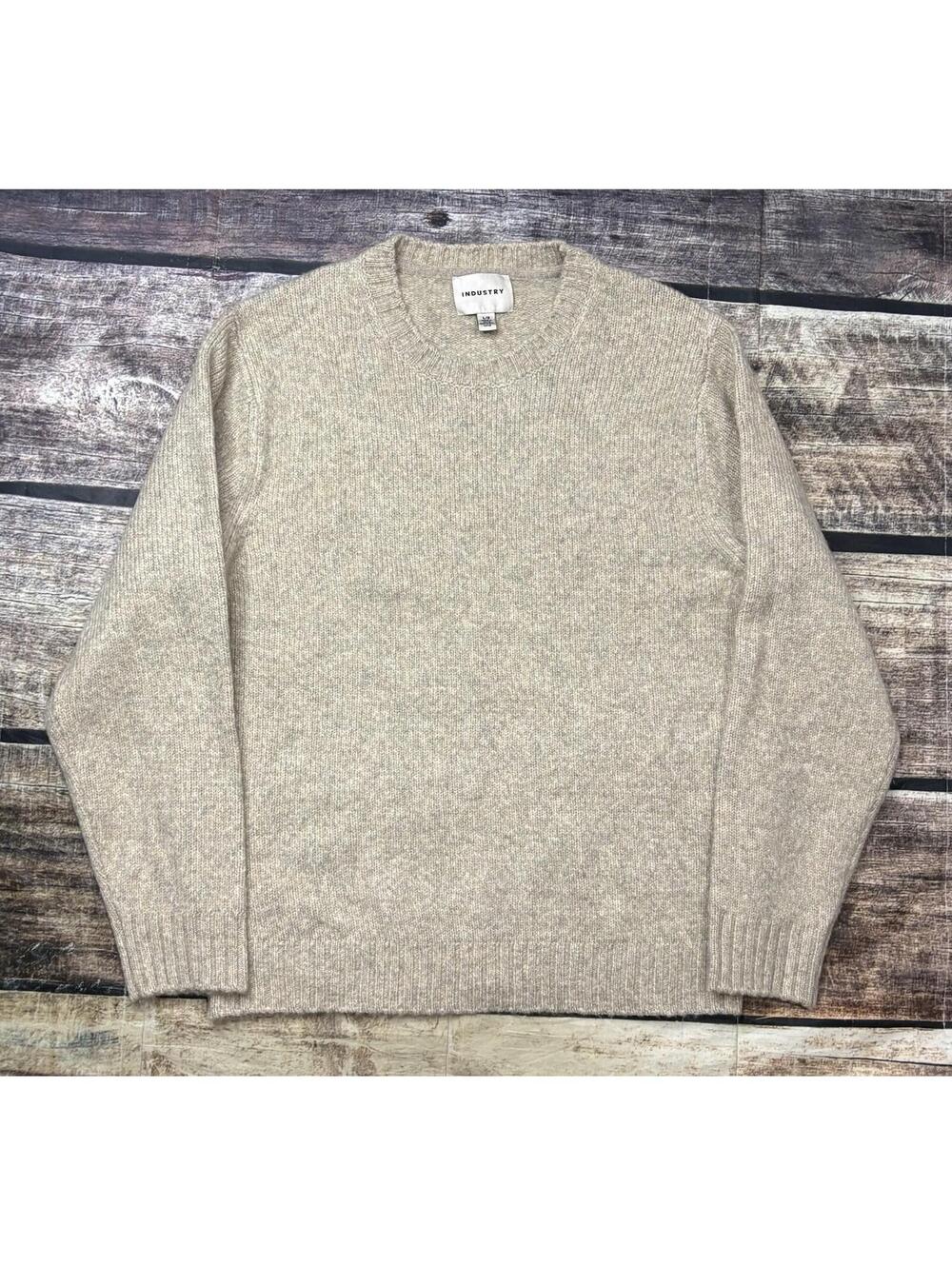 Industry Sweater Mens Large Chunky Knit Crew Neck Beige Pullover Stretch